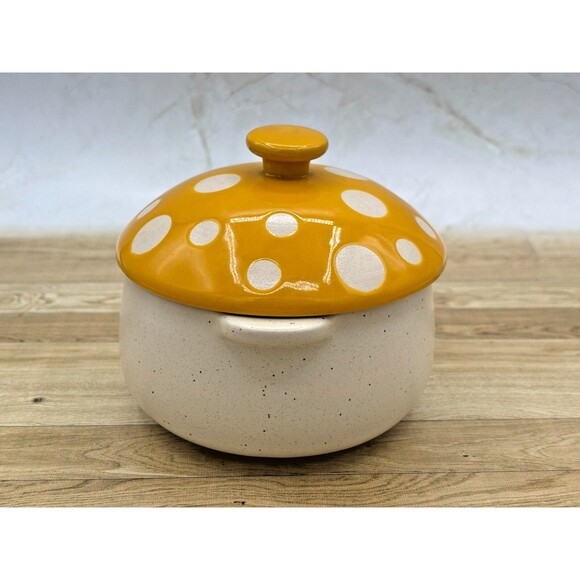 World Market Spotted Mushroom Lidded Soup Crock Gold Yellow Speckled Stoneware - Picture 2 of 14